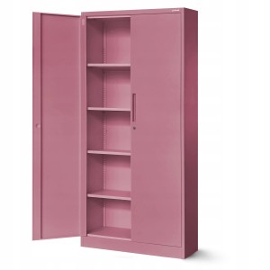 Rosa Metall-Aktenschrank Jan H mit offener Tür, 3-Punkt-Verriegelung und verstellbaren Einlegeböden für Büro.