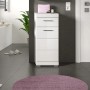 Weißer Hochglanz Bad-Standschrank (37x88x31cm) mit vier Schubladen im modernen Badezimmer.