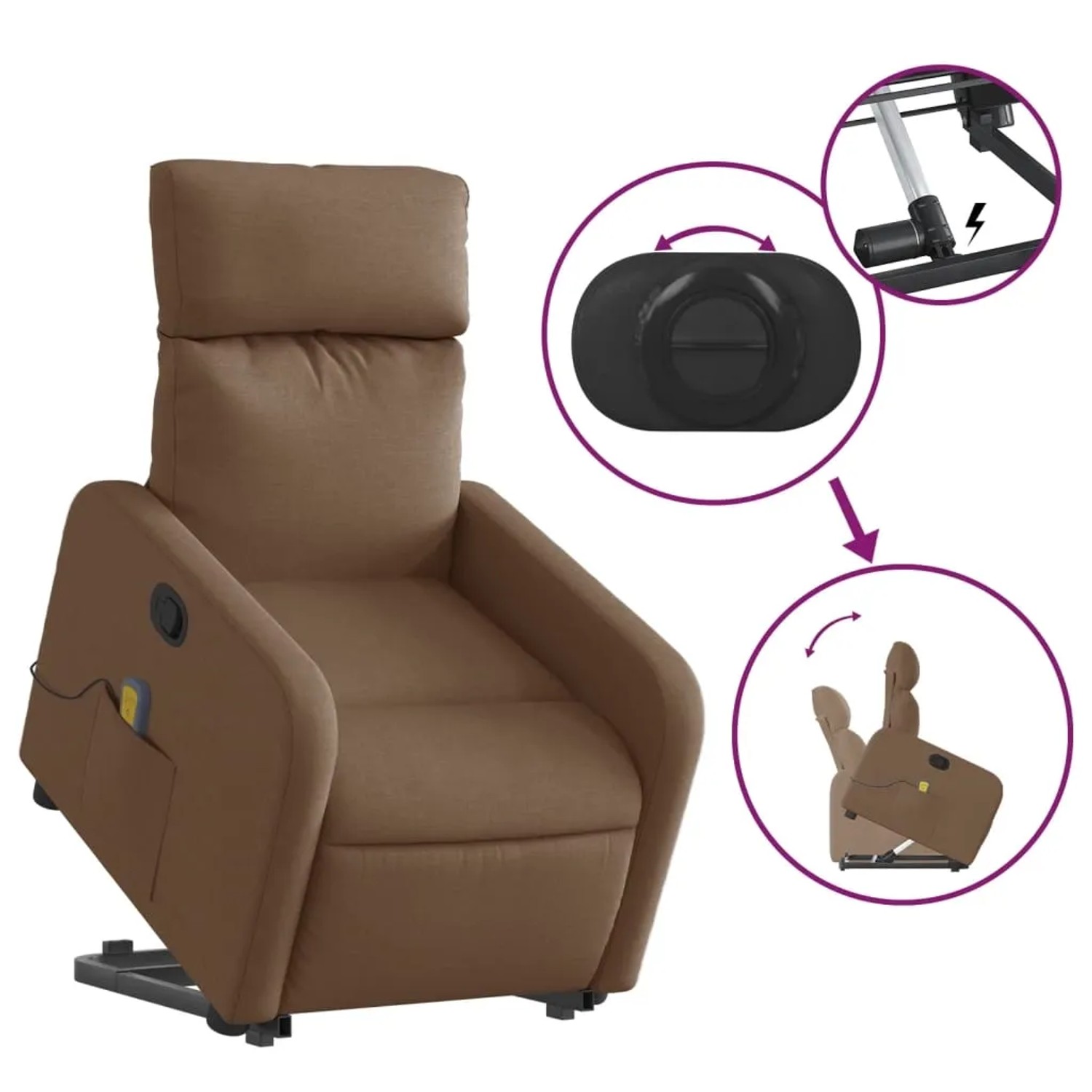 Brauner vidaXL Massagesessel mit Aufstehhilfe aus Stoff, mit Details zur Bedienung und Funktion.