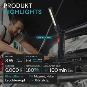 Schwarze LUXULA LED Arbeitsleuchte mit Magnet und Haken im Einsatz unter einer Motorhaube.