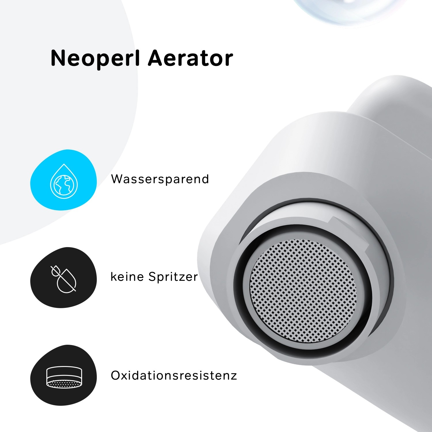 Detailaufnahme: Weißer AM.PM Wasserhahn mit Neoperl Aerator für Wassersparen und Spritzschutz.