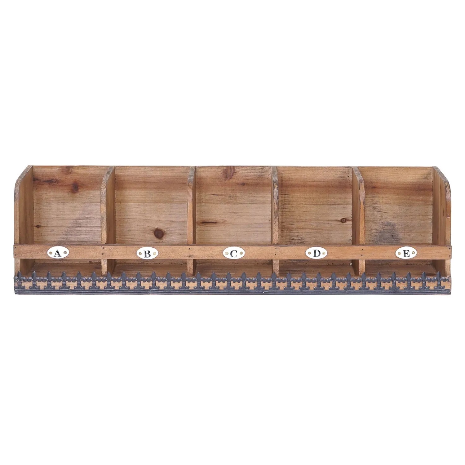 Braunes Tannenholz Wandregal im Shabby-Look mit 5 Fächern, Keramik-Buchstaben und schwarzer Metallbordüre.