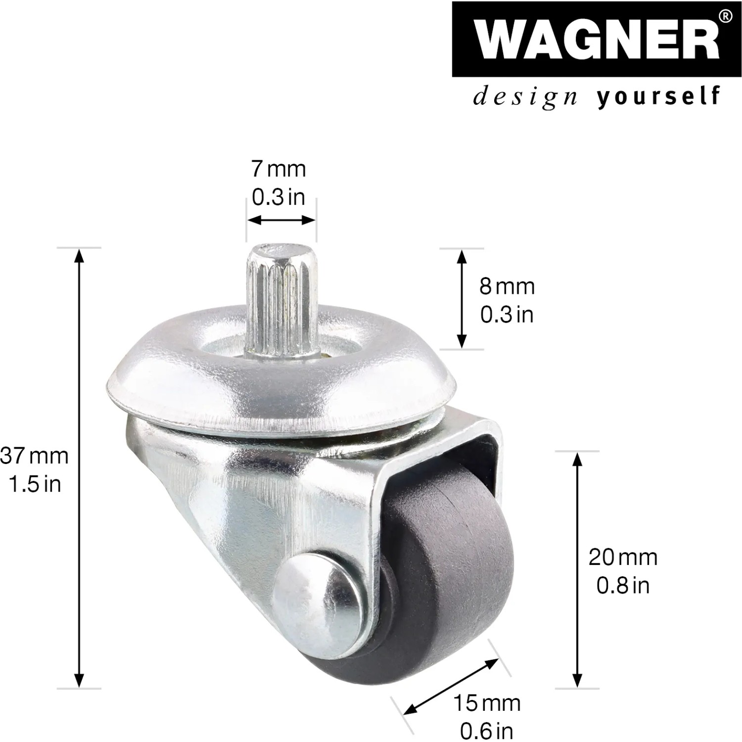 Wagner Lenkrolle Soft, Ø 2 cm, Tragkraft 35 kg, mit grauem Rad und Metallgehäuse.