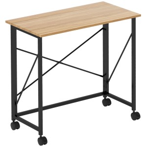Klappbarer, kleiner Schreibtisch in Eiche mit schwarzem Metallgestell und Rollen für Homeoffice.