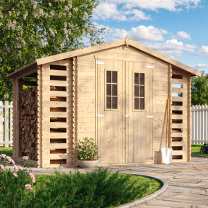 Timbela Holz-Gartenhaus mit Brennholzunterstand, beige-braun, 5,47 m², FSC®-zertifiziert.