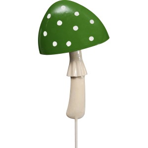 Grüner Gartenstecker Pilz aus Metall mit weißen Punkten, 85cm hoch.