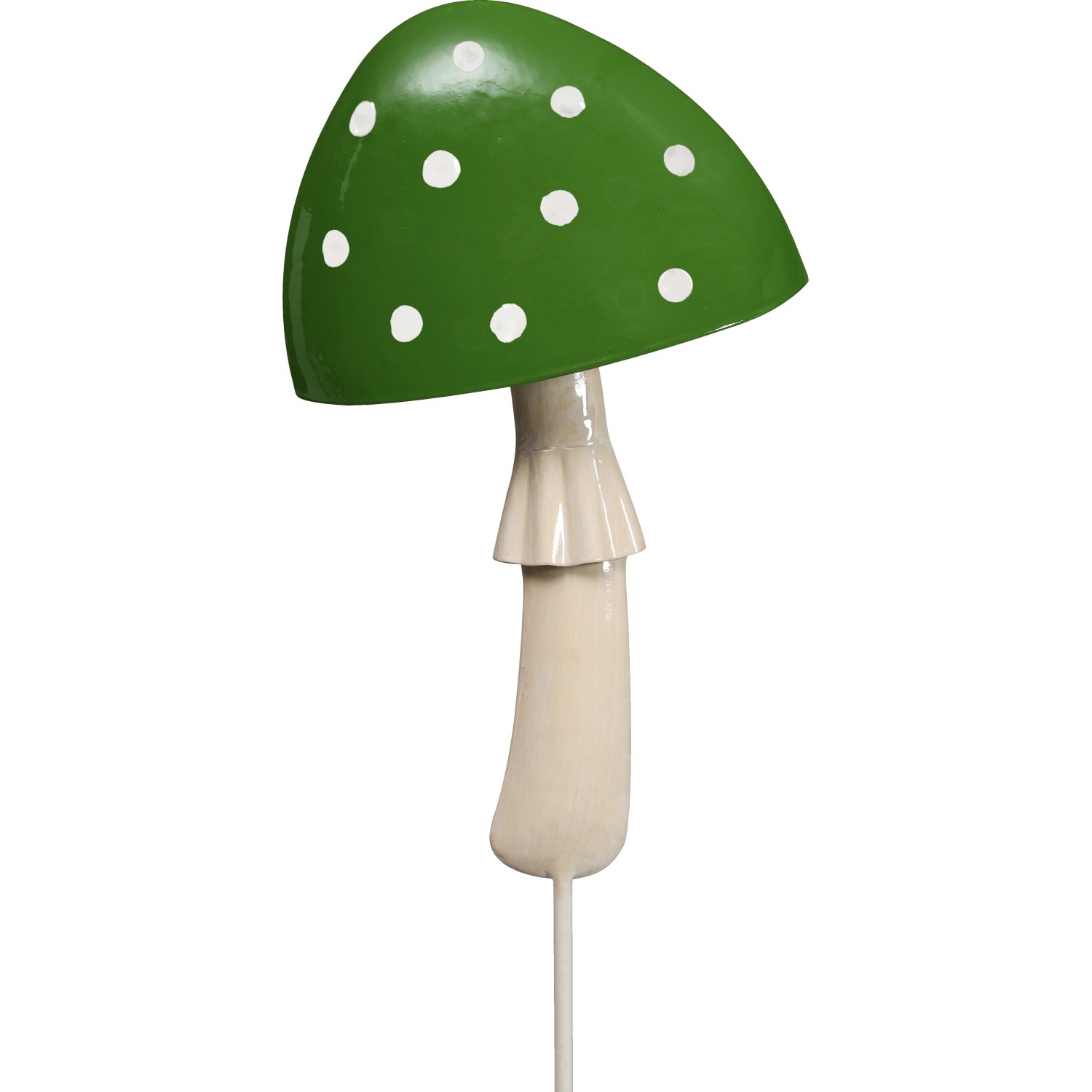 Grüner Gartenstecker Pilz aus Metall mit weißen Punkten, 85cm hoch.
