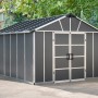 Graues Palram Canopia Gerätehaus Yukon 3.3 x 4 aus Kunststoff mit Doppeltür und Satteldach.