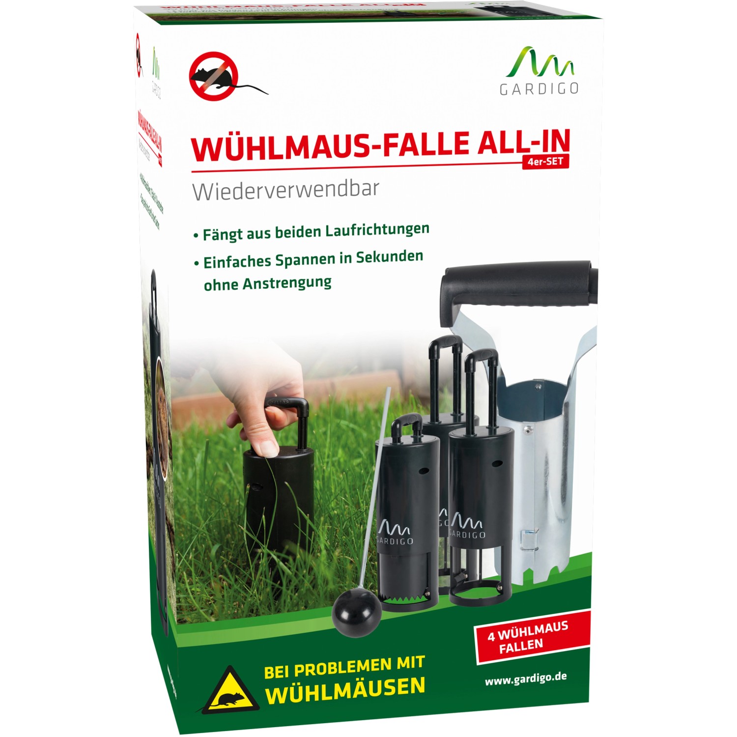 Gardigo Wühlmausfalle All-In 4er-Set mit Gang-Finder und Lochstanze für einfache Wühlmausbekämpfung.