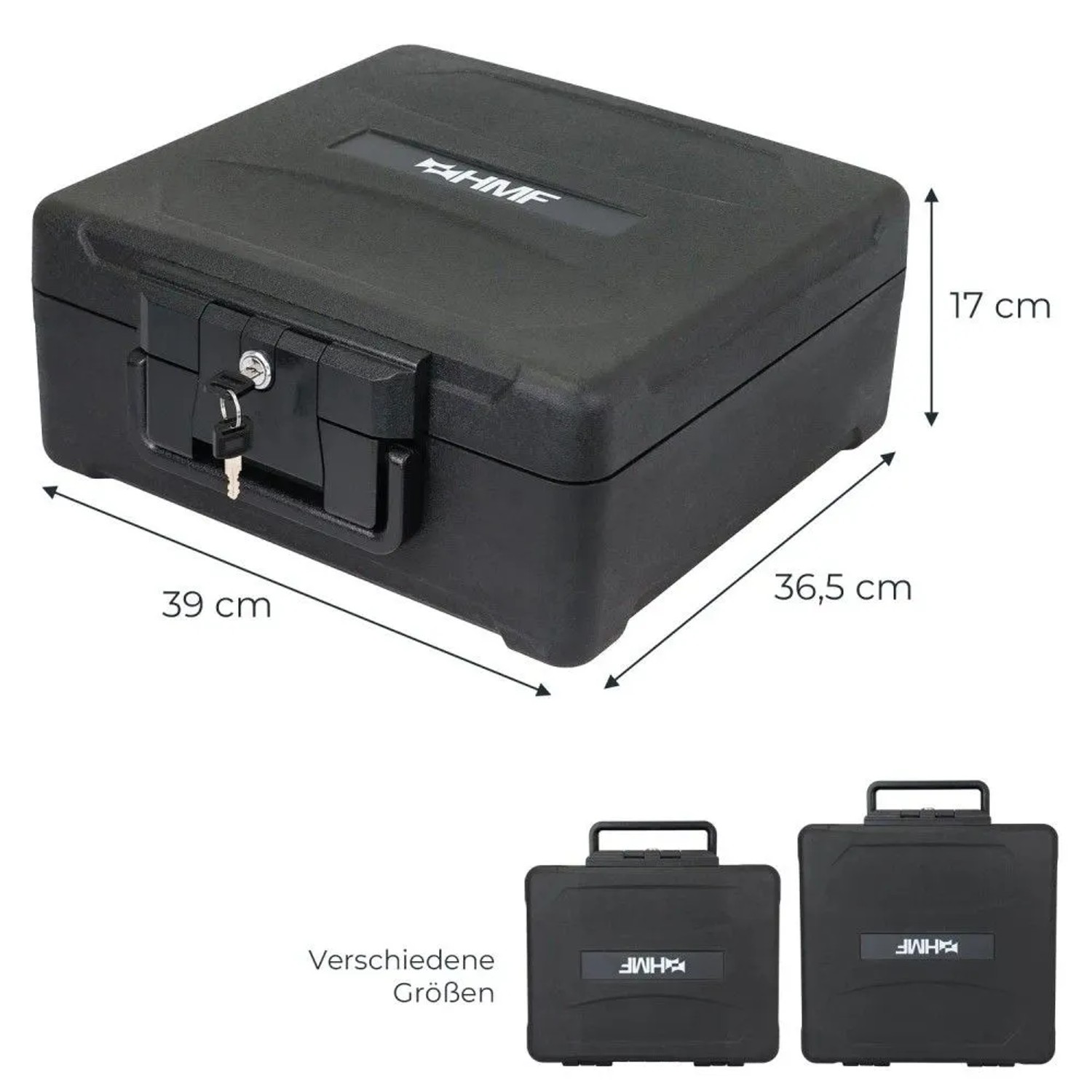 Schwarze HMF feuerfeste Dokumentenbox, wasserdicht, abschließbar mit Schlüssel, für DIN A4 Ordner. Ideal für Wertgegenstände.