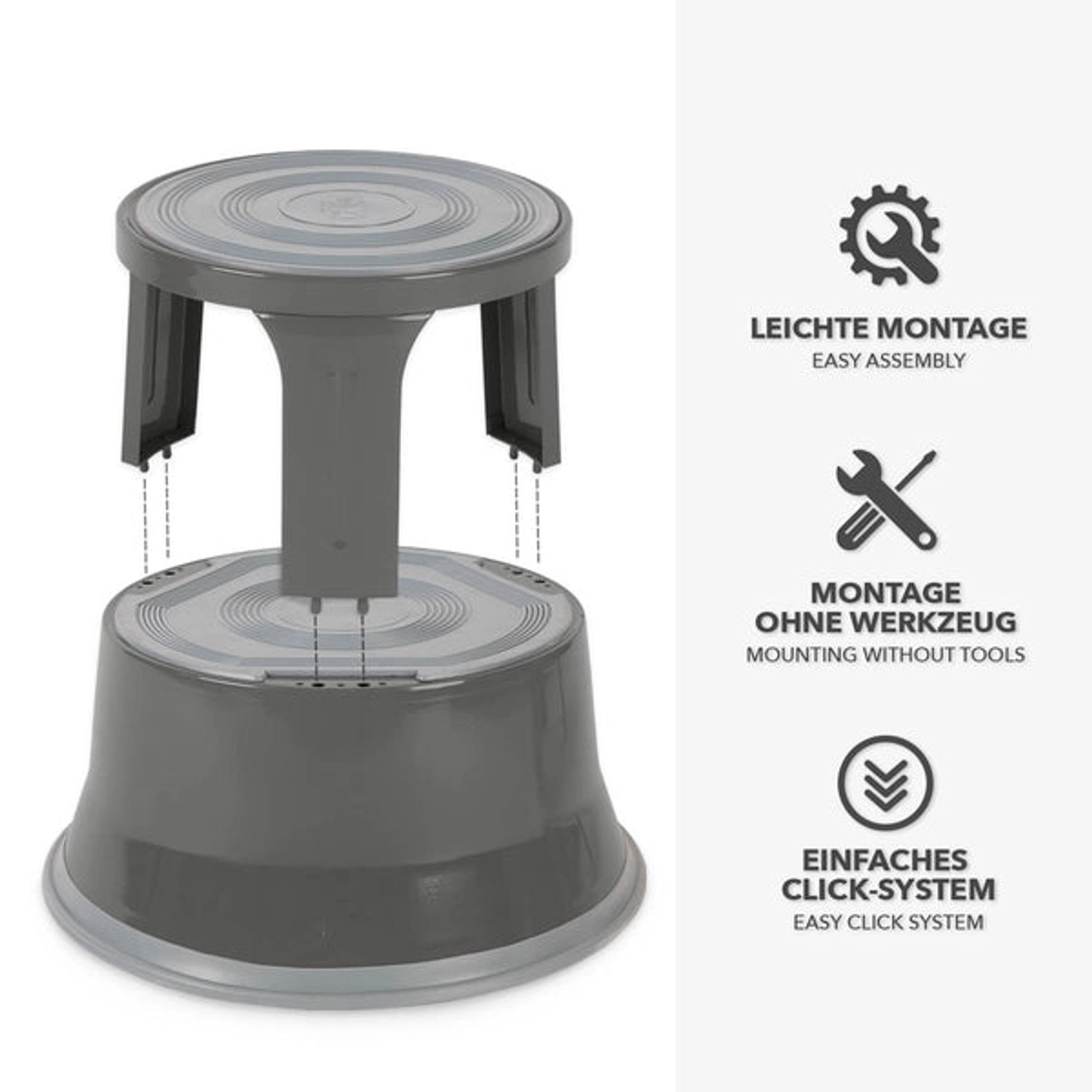 Grauer KARAT Rollhocker Elefantenfuß aus Stahl, demontiert. Ideal als Tritt für Büro & Gewerbe.