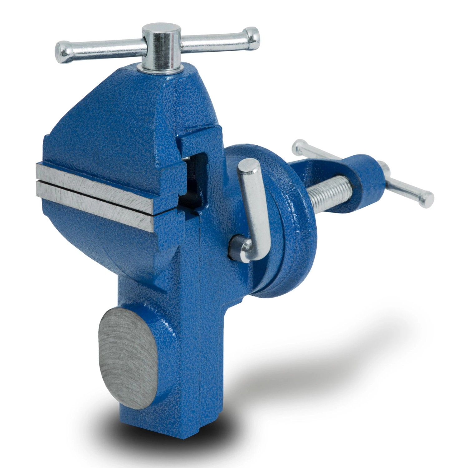 Blauer EBERTH Mini Schraubstock mit Tischklemme, 360° drehbar, 70 mm Spannweite.