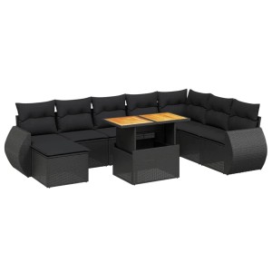 Schwarze 9-tlg. vidaXL Garten-Sofagarnitur aus Poly Rattan mit Tisch und Kissen.