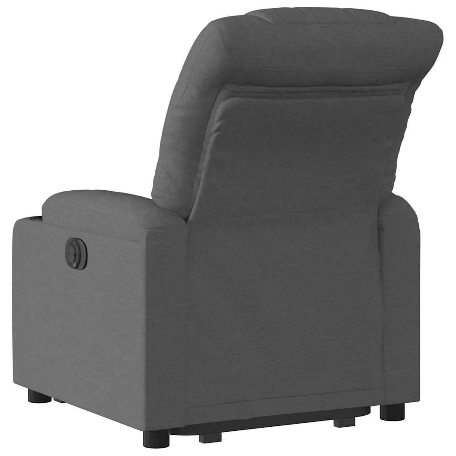 Dunkelgrauer elektrischer Relaxsessel mit Stoffbezug und Aufstehhilfe, von hinten seitlich. Steuerung an Armlehne.