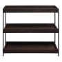 Dunkelbraunes MCW Regal K71 mit drei Holzablagen und schwarzem Eisen-Gestell. Praktisches Standregal mit Kante.