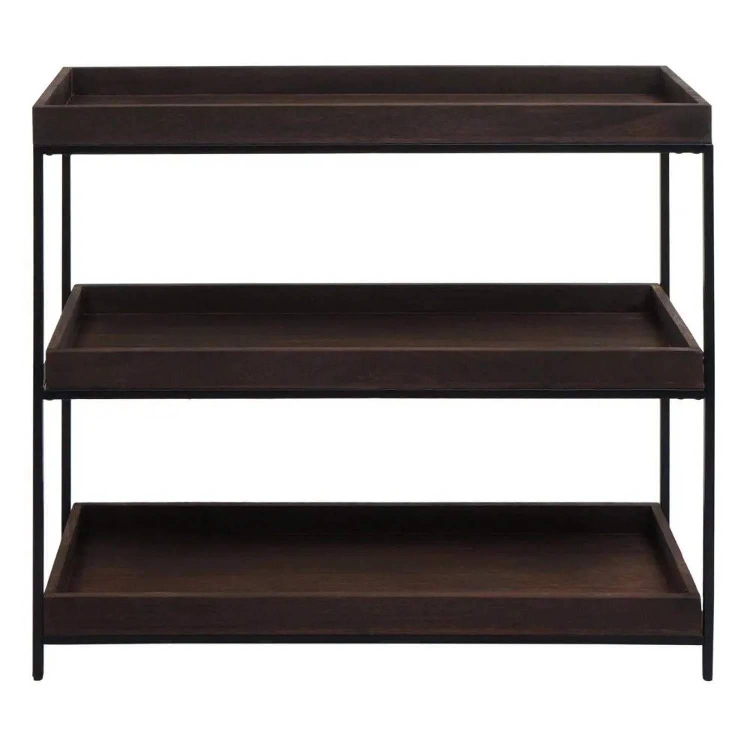 Dunkelbraunes MCW Regal K71 mit drei Holzablagen und schwarzem Eisen-Gestell. Praktisches Standregal mit Kante.