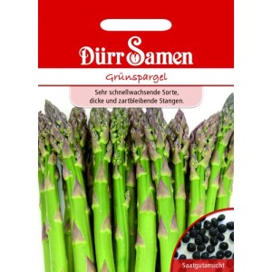 Dürr Samen Grünspargel Saatgut Packung mit frischen grünen Spargelstangen und schwarzen Samen.