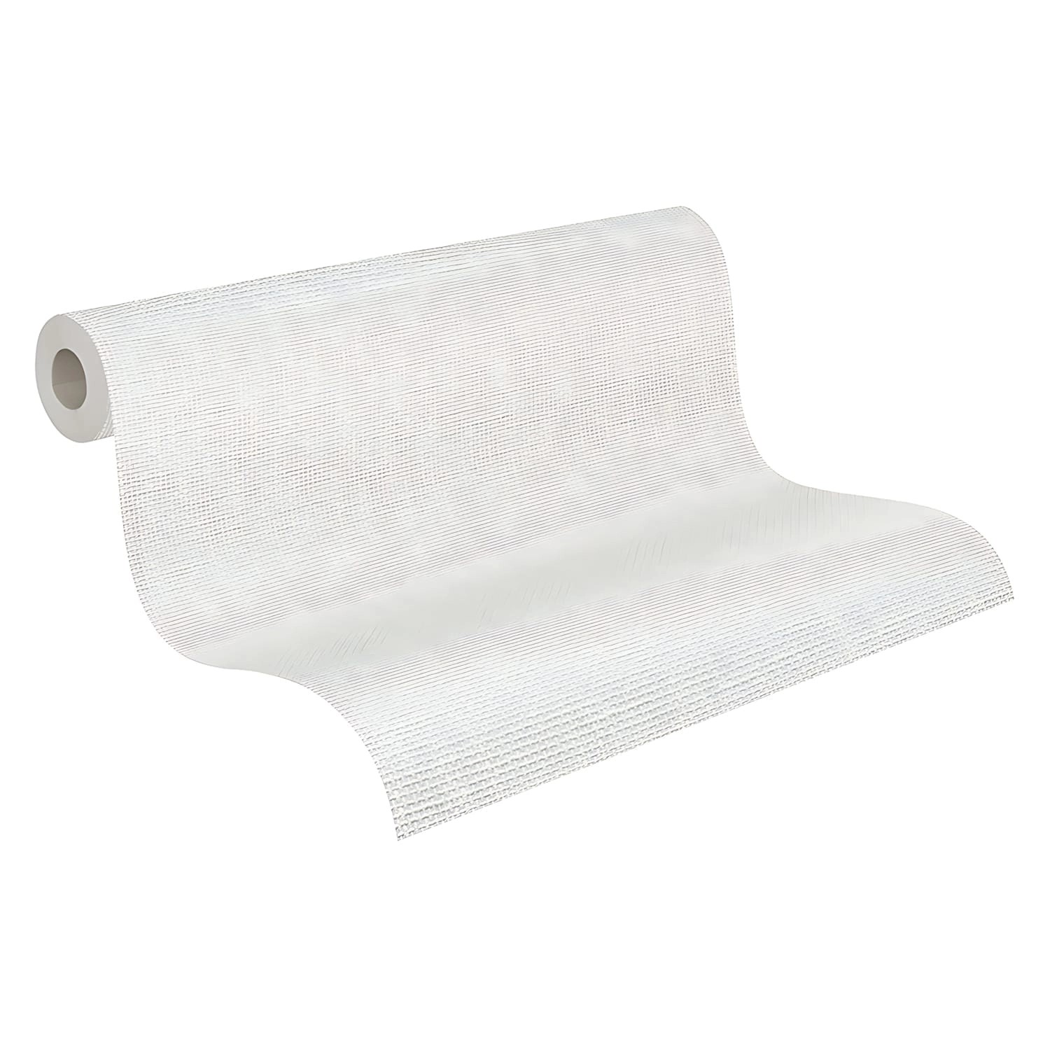 Weiße, matte PROFHOME Vliestapete mit leichter Struktur in Textiloptik auf einer Rolle.