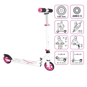 Muuwmi Tretroller, weiß-pink, mit 125 mm Rollen, ABEC 5 Kugellager und höhenverstellbarem Lenker.