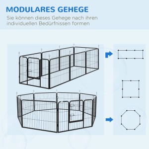 Modulares PawHut Welpenfreigehege in Rechteck- und Achteckform. Schwarzes Metall-Laufgitter für Hunde, flexibel anpassbar.