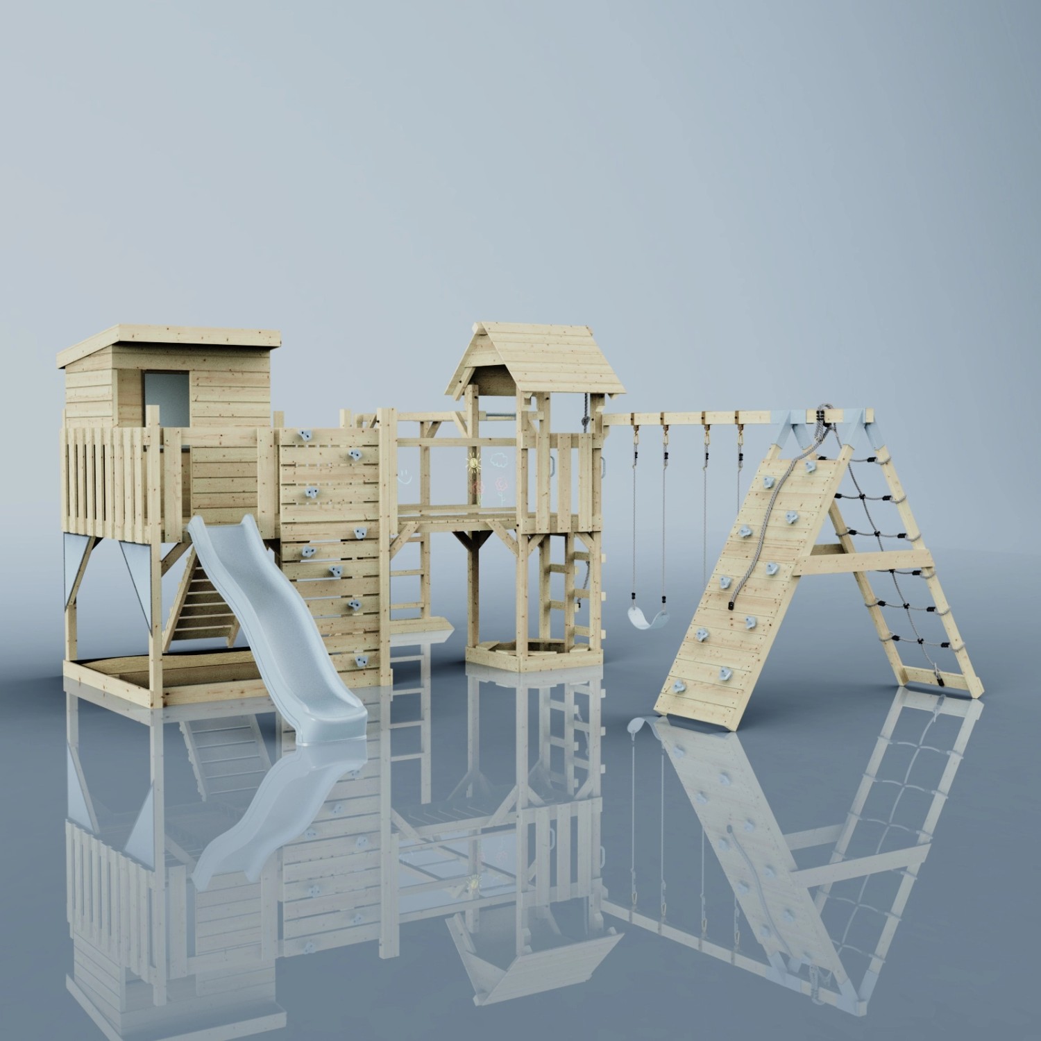 OutdoorToys Spielturm Lars mit Schaukel, Rutsche und Kletterwand aus Holz, eisblau.