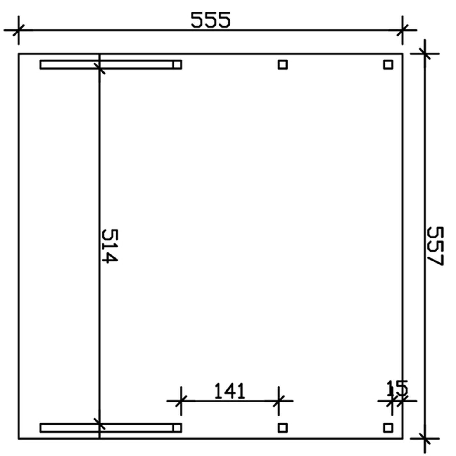 Skizze des Skan Holz Carport Friesland Set 8, Maße: 557 x 555 cm, Einfahrt 514 cm breit.