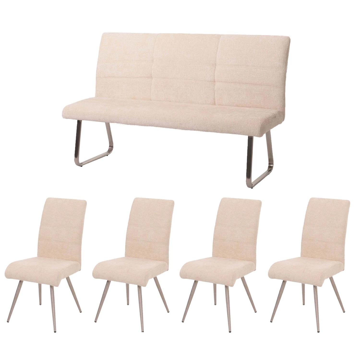 MCW Esszimmer-Set G55 4er-Set Stuhl + Sitzbank 160cm 5-teilig Stoff Chenille Creme