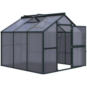 KGT Gewächshaus Novum III, tannengrün, 8,4 m² mit geöffneter Tür und Dachfenster.