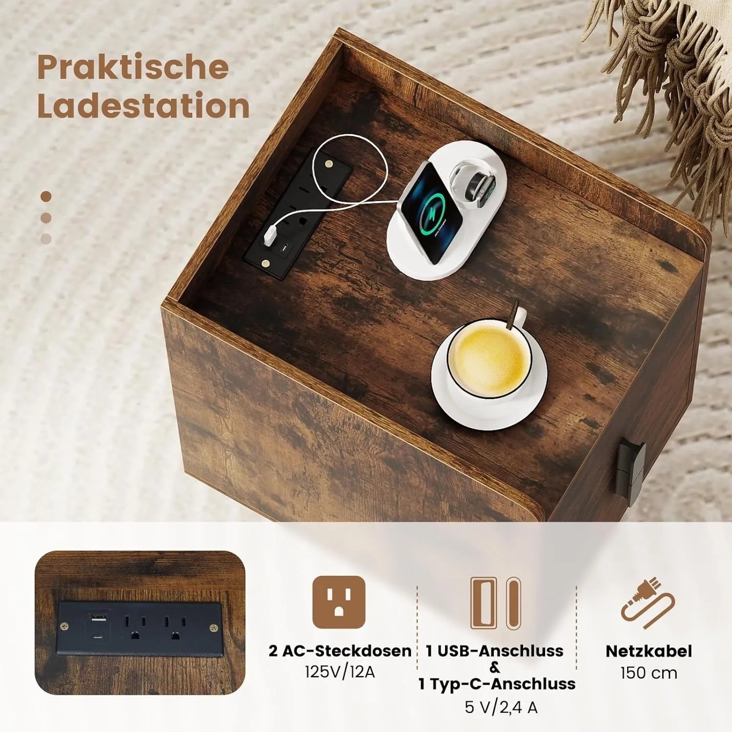 Brauner Costway Nachttisch mit Ladestation, USB-Anschlüssen und Steckdosen auf der Oberfläche. Schmaler Nachtschrank.