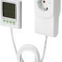 Weißes Energiekostenmessgerät mit Monitor für die Steckdose, zur Verbrauchskontrolle.