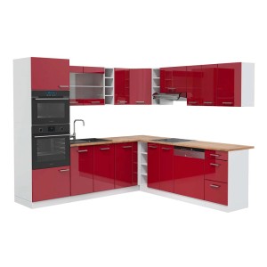 Eckküche Vicco R-Line in Bordeaux Hochglanz/Weiß mit Eiche Arbeitsplatte, 237x247 cm.