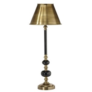 PR Home Abbey Tischlampe: Messingfarbener Schirm, schwarzer Fuß mit Kugel-Design, 57cm hoch.