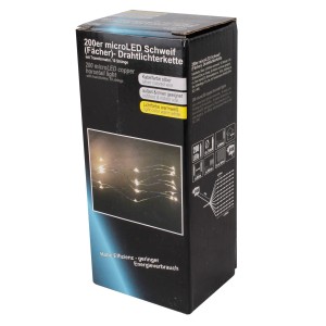 Lex 200er Micro LED Drahtlichterkette warmweiß, batteriebetrieben, für innen. Abbildung auf Verpackung.