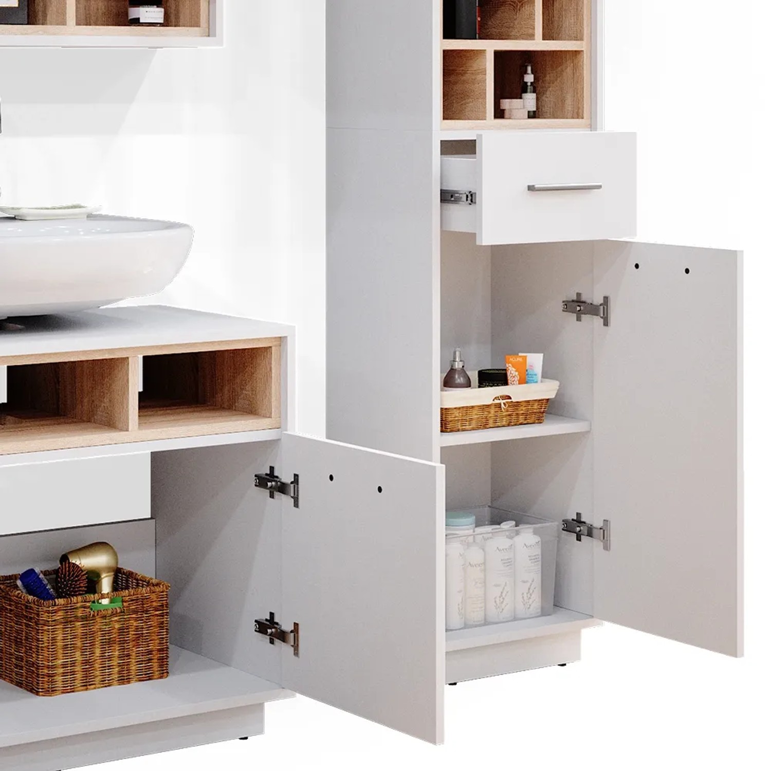 Vicco Badmöbel-Set Beatrice, 3-teilig, Weiß/Sonoma mit Spiegelschrank, Unterschrank und Hochschrank.