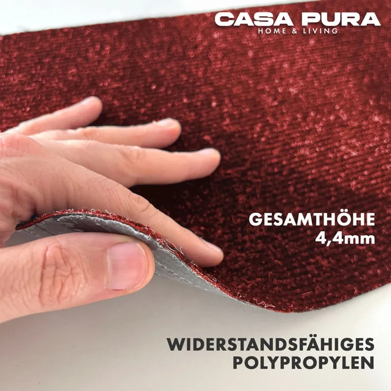 Rote, selbstklebende Karat Stufenmatte Leipzig (21x65 cm) ohne Lippe, Detailansicht Material und Dicke.