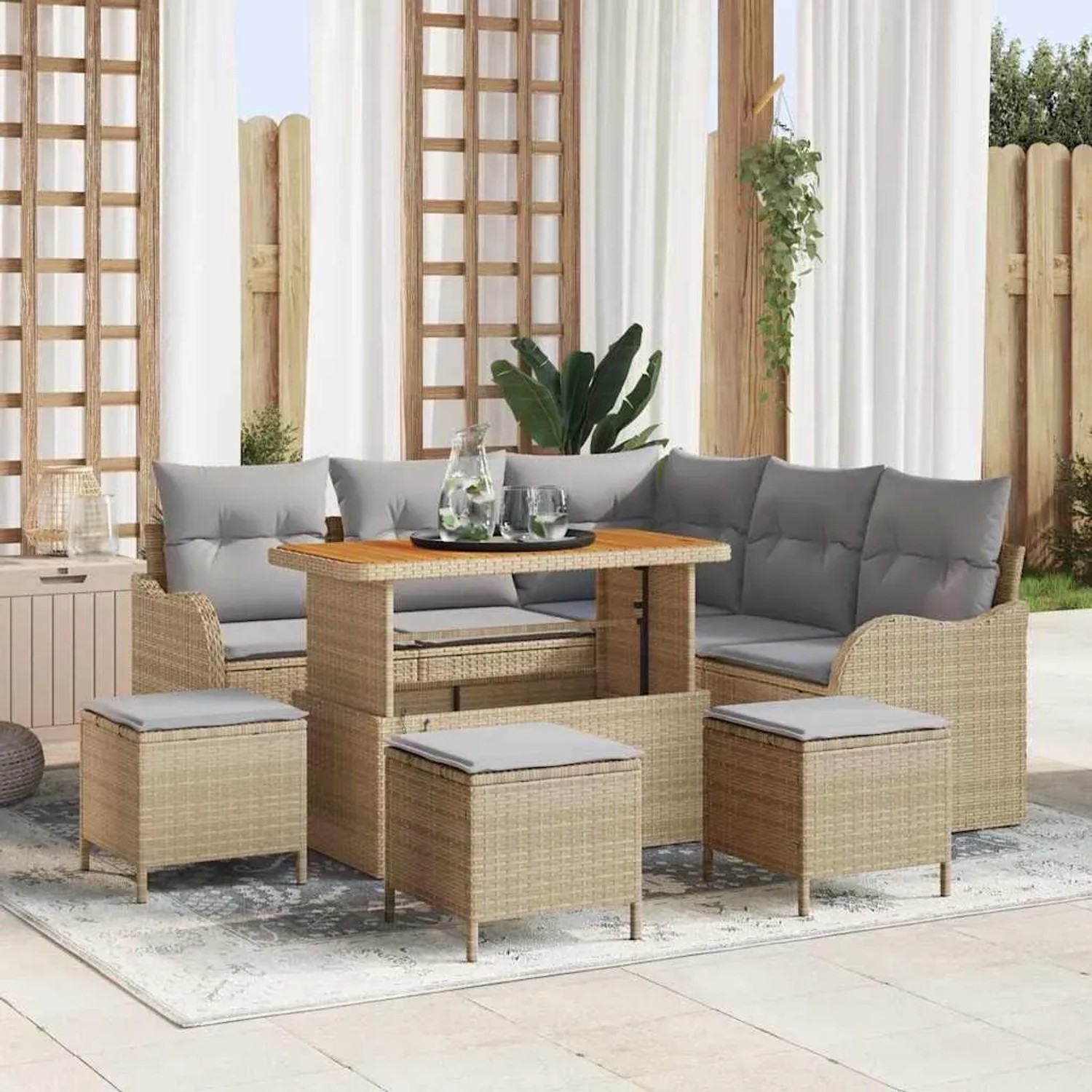 Beiges 9-teiliges Garten-Sofa-Set aus Poly Rattan von vidaXL mit Tisch und Hockern.