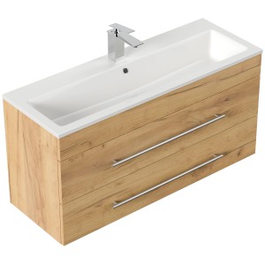 Posseik Badmöbel Portus 1000 SlimLine in Eiche Gold mit Waschbecken und zwei Schubladen.