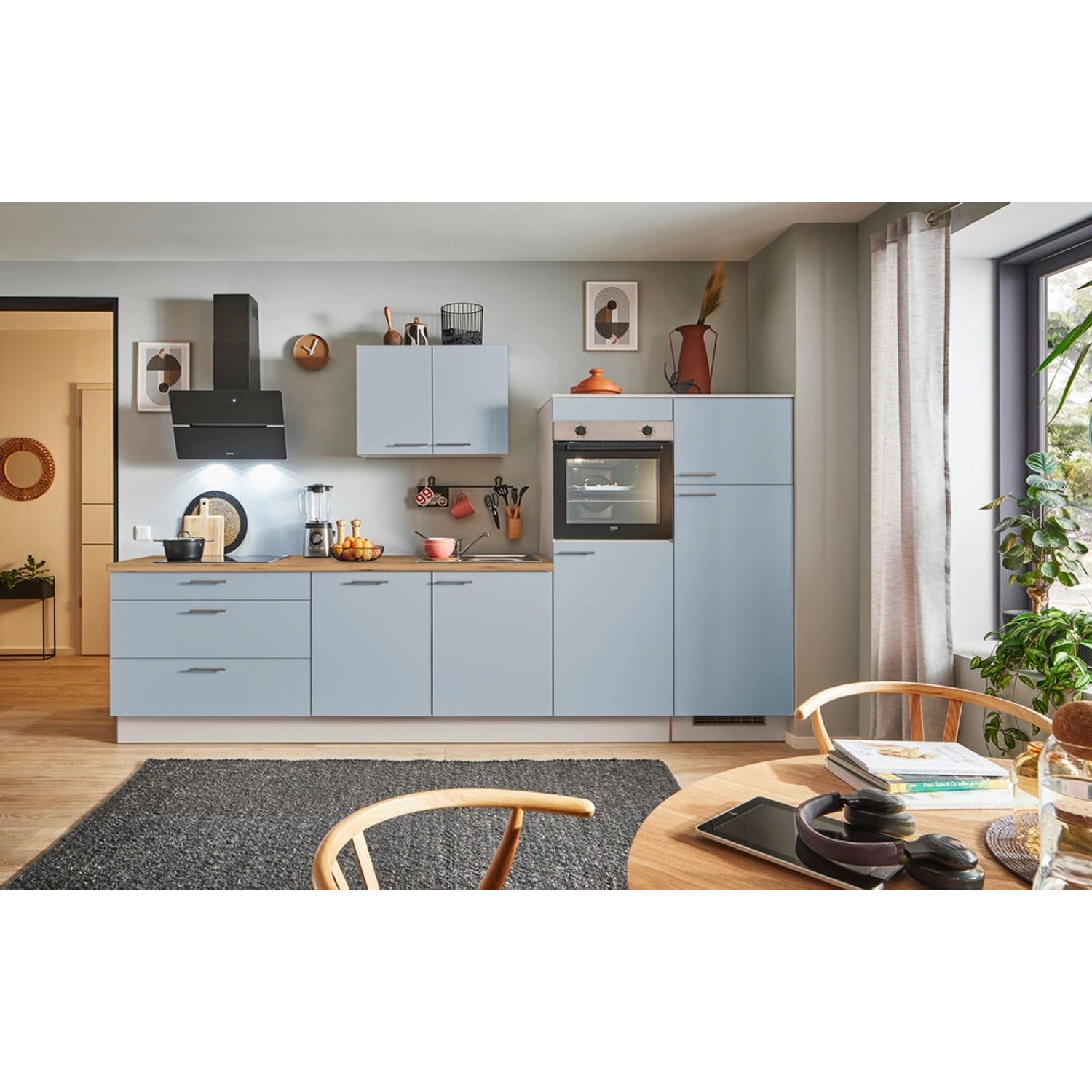 pino Küchenzeile 340 cm Pastellblau Anschlag rechts 2 Geräteschränke