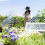 Person gießt Blumen im Garten mit Schlauch; im Vordergrund lila Blüten und Froschfiguren.