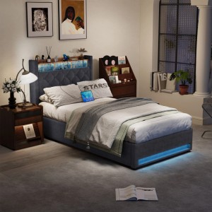 Dunkelgraues Polsterbett 90x200 cm mit getuftetem Kopfteil, LED-Beleuchtung, USB-Steckdosen und Bettkasten.