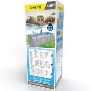 Verpackung des Avenli Frame Rectangular Stahlrahmenpools, 400x207x122 cm, grau, mit Pool-Szene.
