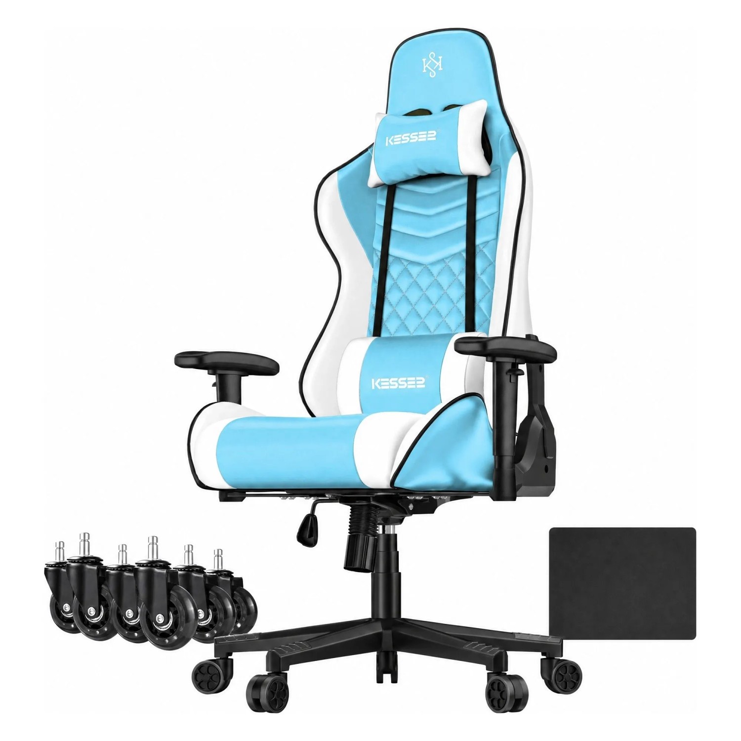 KESSER Gaming Stuhl Ergonomisch mit Kopfstütze 150 kg Belastbar Hellblau Weiß