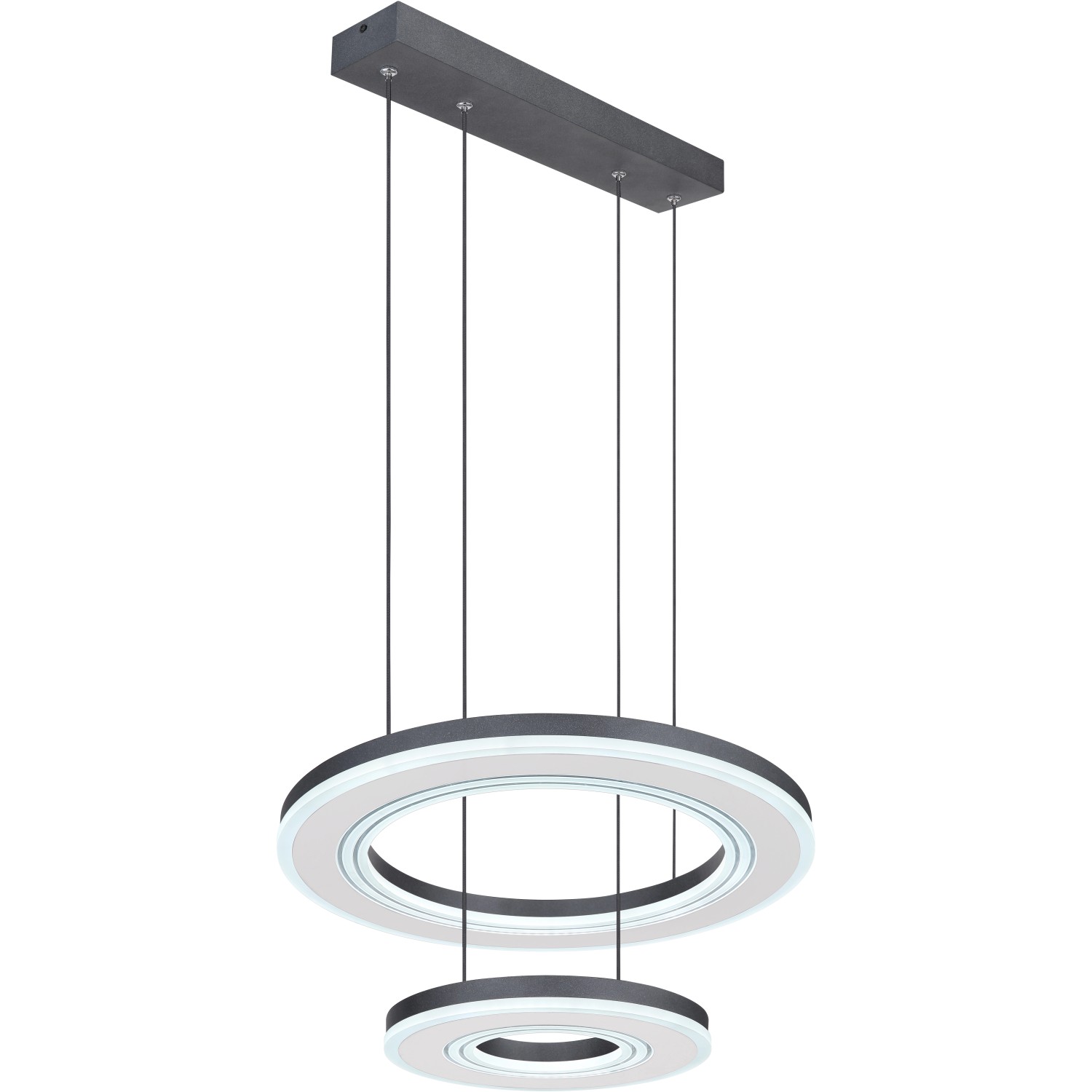 Moderne LED-Pendelleuchte Blasius, schwarz/weiß, mit zwei Ringen. Dimmbar und mit Fernbedienung.