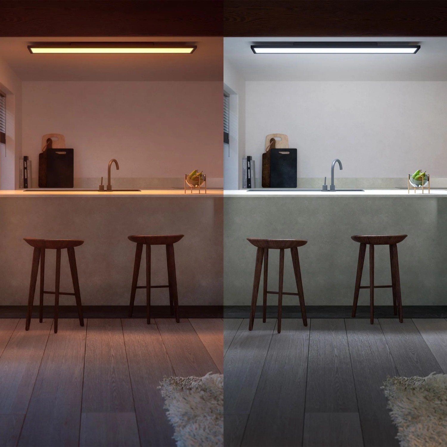 Smarte Philips Hue LED-Panelleuchte Aurelle, 120x30 cm, in Schwarz mit warmweißem und kaltweißem Licht.