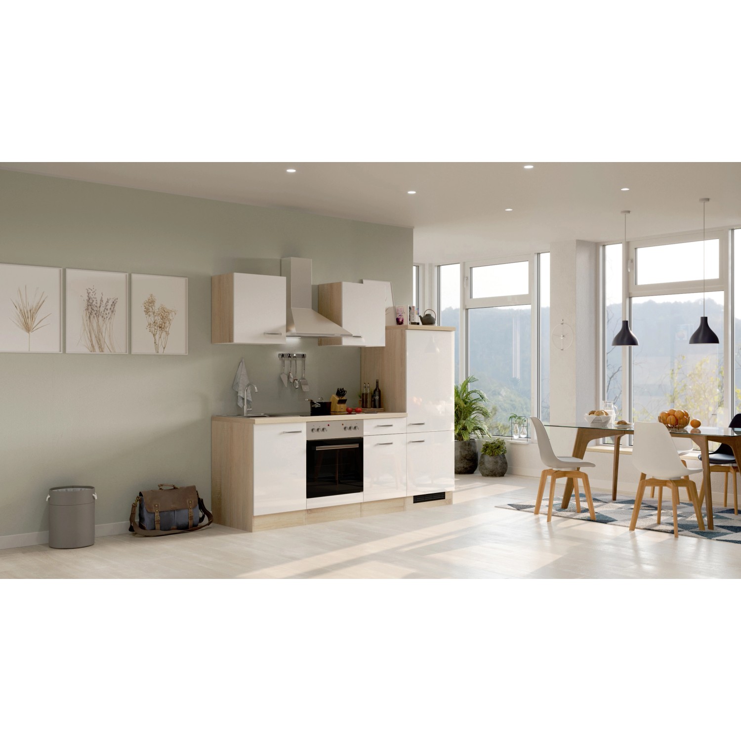 Flex-Well Exclusiv Küchenzeile/Küchenblock Valero 220 cm Hochglanz Weiß - Sonoma Eiche