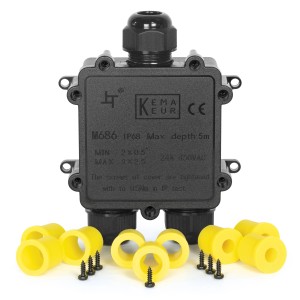 Schwarze S-Impuls Abzweigdose IP68 für Außenbereich mit gelben Dichtungen und Schrauben.