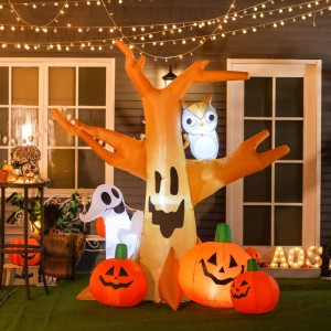 Aufblasbare Halloween Deko: leuchtender Spukbaum, Gespenst, Eule und Kürbisse für Garten. 240 cm hoch.