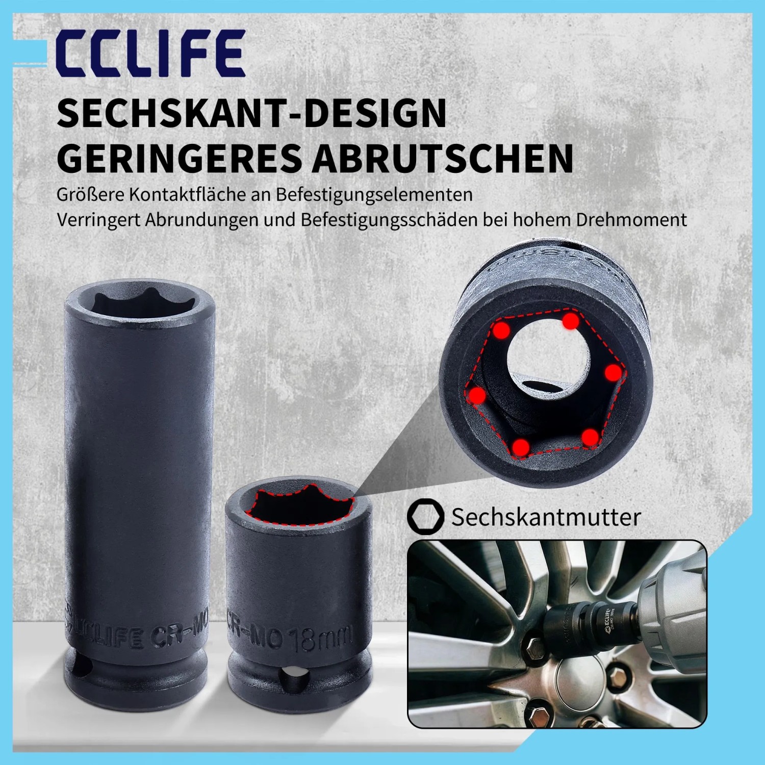 CCLIFE Schlagschrauber Nüsse: Schwarze Cr-Mo Stecknüsse mit Sechskant-Design, verhindert Abrutschen. Ideal für Reifenwechsel.