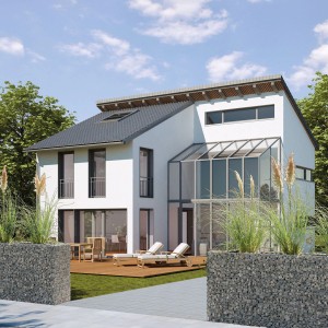 Bellissa Gabionen-Hochbeet Premium, verzinkt, 120x75x100 cm, im Garten vor modernem Haus.