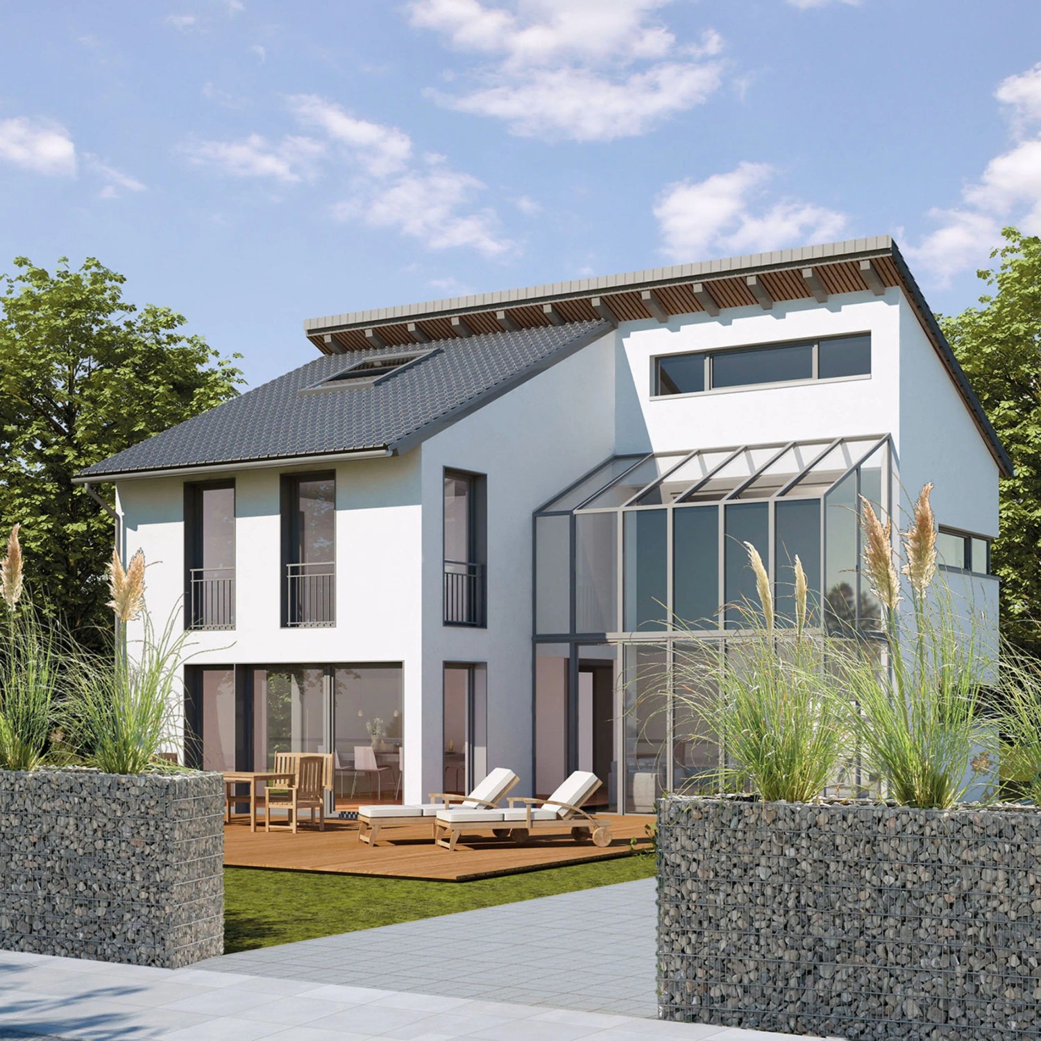 Bellissa Gabionen-Hochbeet Premium, verzinkt, 120x75x100 cm, im Garten vor modernem Haus.